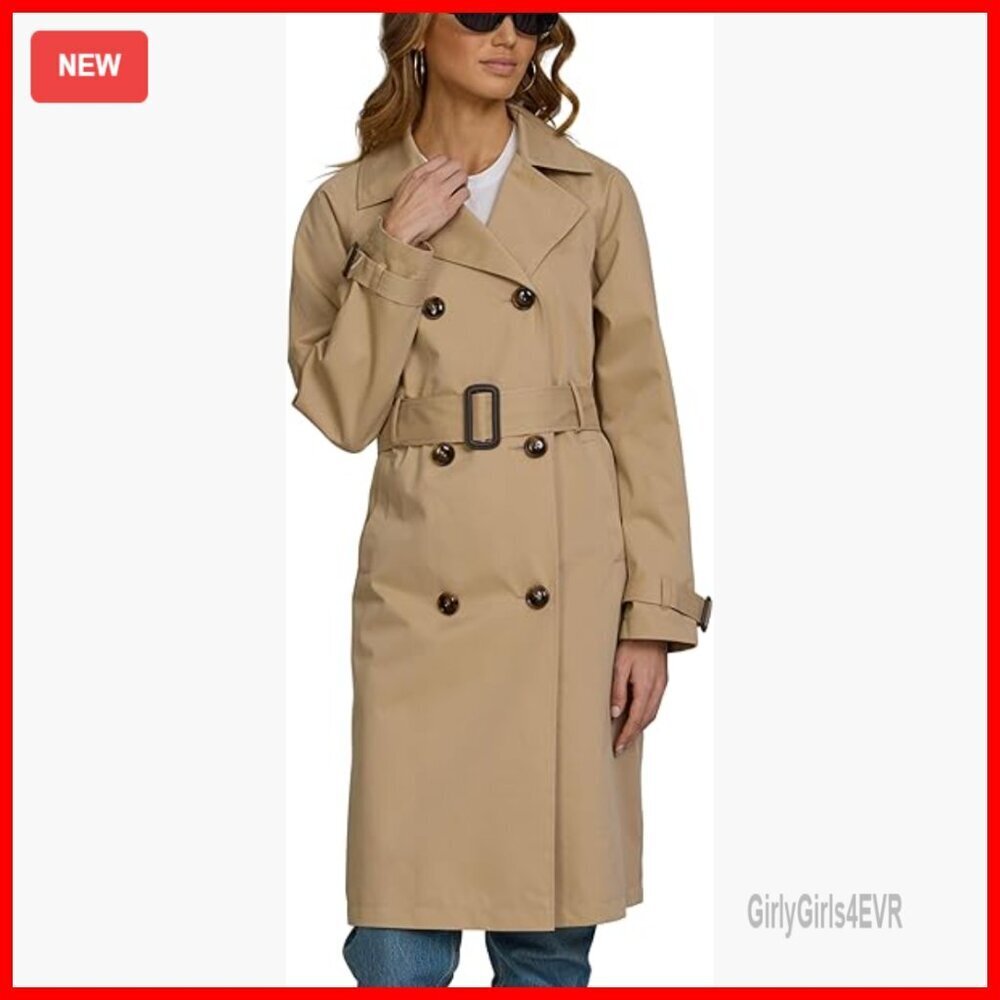 Double-Breasted Long Trench Coat, Belted Tailored Work Jacket